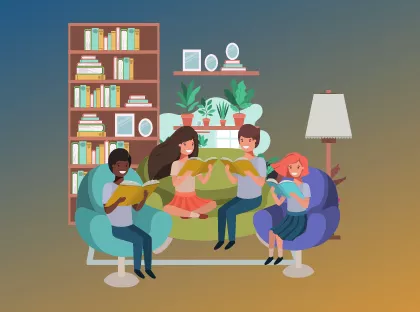 A cartoon of 4 people sitting on couches and chairs and reading together.