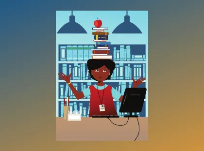 A cartoon of a librarian balancing books on her head, standing in front of a computer.
